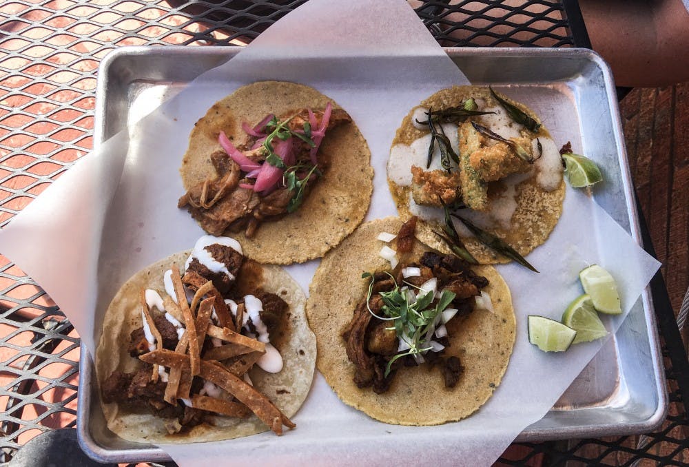 El Cotorro Shrimp, Carne Asada, Carnitas, Nopales, and Al Pastor tacos, taken on June 15, 2018.