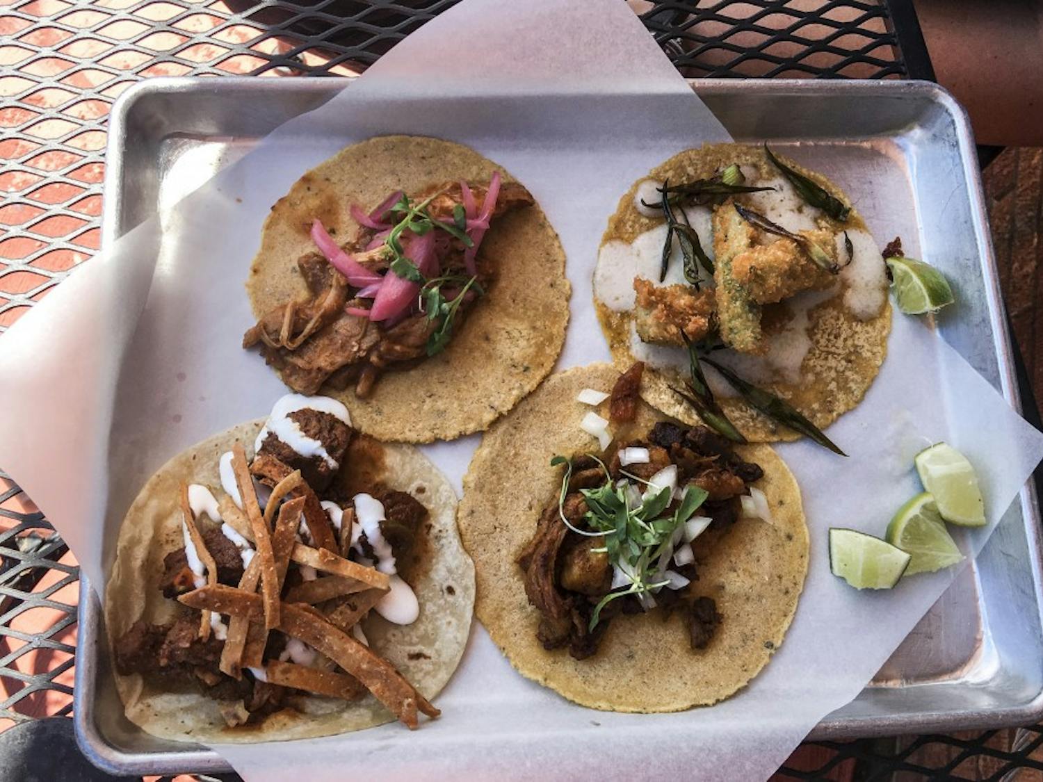 El Cotorro Shrimp, Carne Asada, Carnitas, Nopales, and Al Pastor tacos, taken on June 15, 2018.