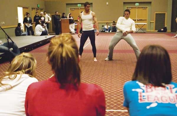 Derek Pilkington, left, and Drew McDonald perform a skit for judges from Alpha Chi Omega at the Omega Man beauty pageant dress rehearsal in the SUB on Wednesday. The pageant will take place in the SUB at 7 p.m. Friday with proceeds going to the New Mexico