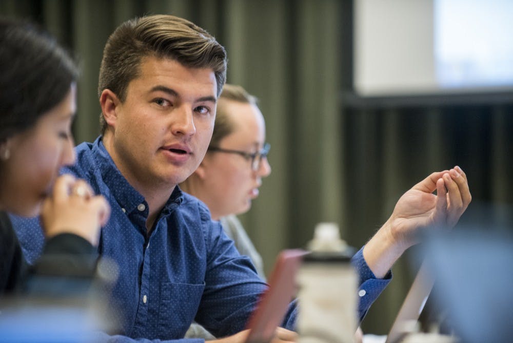 ASUNM Sen. Noah Brooks speaks during a Steering and Rules Committee meeting on Wednesday, April 5, 2017 at the UNM SUB. Brooks will serve as the ASUNM president for the 2017-2018 school year. 
