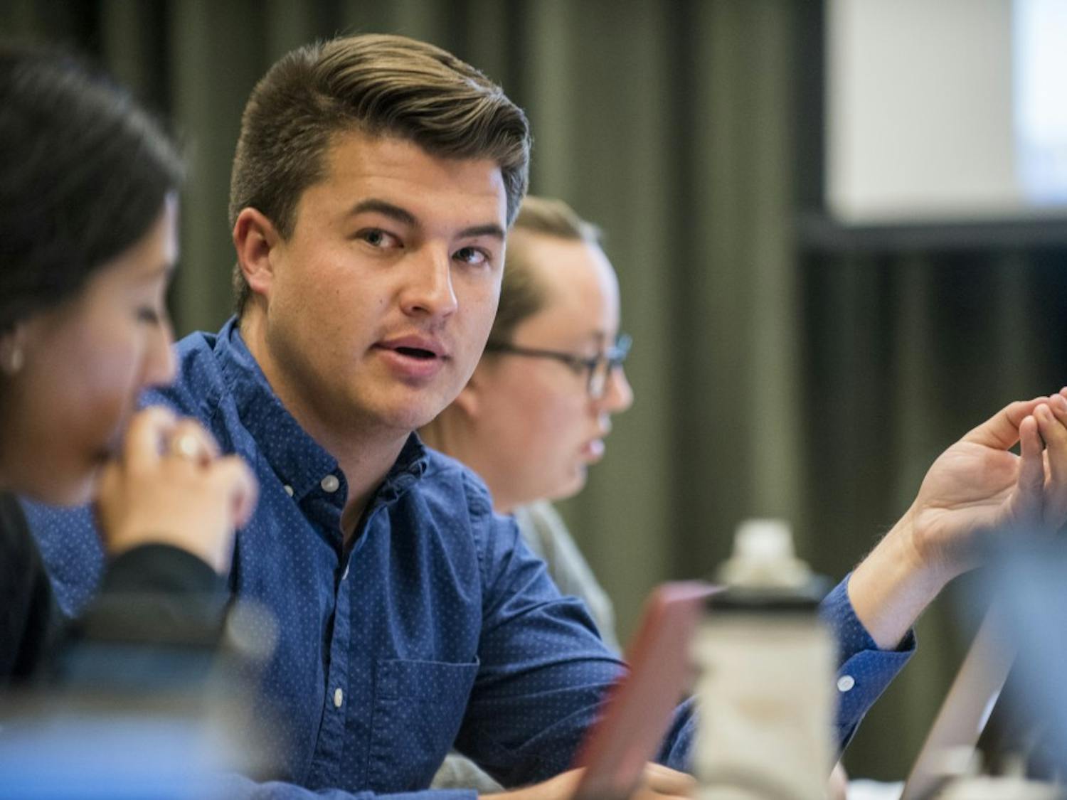 ASUNM Sen. Noah Brooks speaks during a Steering and Rules Committee meeting on Wednesday, April 5, 2017 at the UNM SUB. Brooks will serve as the ASUNM president for the 2017-2018 school year. 