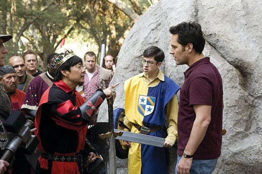 Ken Jeong as King Argotron, left, argues the outcome of the medieval roleplay with Christopher Mintz-Plasse as Augie and Paul Rudd as Danny in "Role Models." 