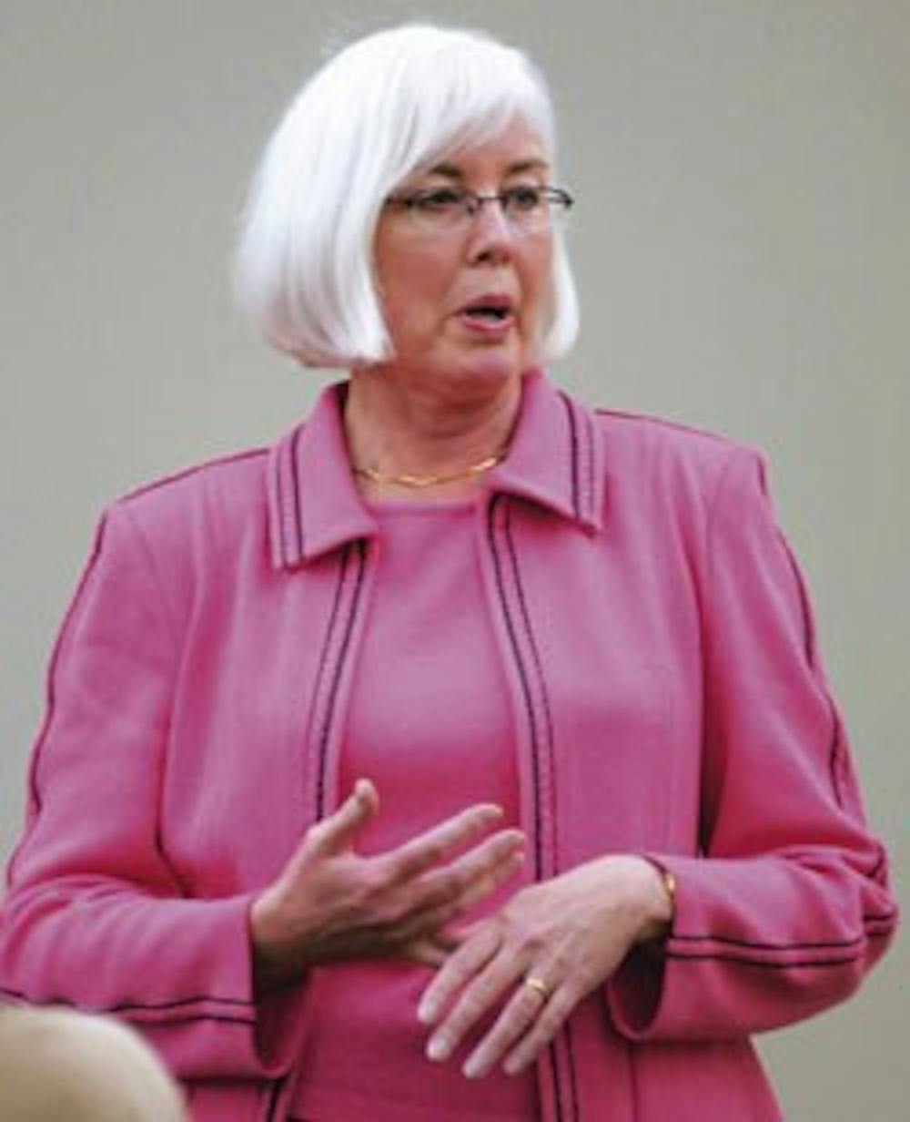 Brenda Claiborne, candidate for dean of the College of Arts and Sciences, answers questions from faculty Monday in the SUB. 