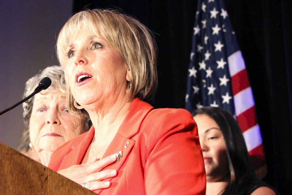 U.S. Rep. Michelle Lujan Grisham gives her victory speech on Tuesday night. Lujan Grisham, a Democrat, won re-election to the First Congressional District by defeating her opponent, Republican Michael Frese.