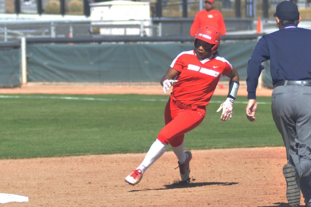 Senior Mariah Rimmer rounds second base during a game against Northern Colorado at the Lobo Softball Field. The Lobos lost to Cal State Fullerton 2-0.