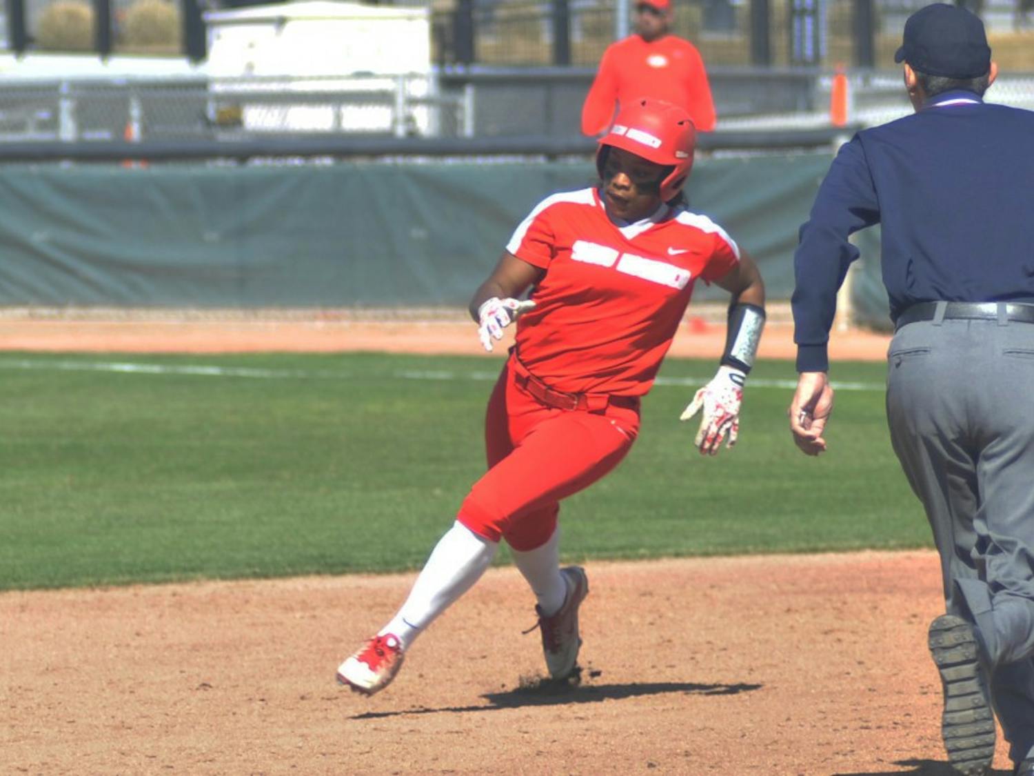 Senior Mariah Rimmer rounds second base during a game against Northern Colorado at the Lobo Softball Field. The Lobos lost to Cal State Fullerton 2-0.