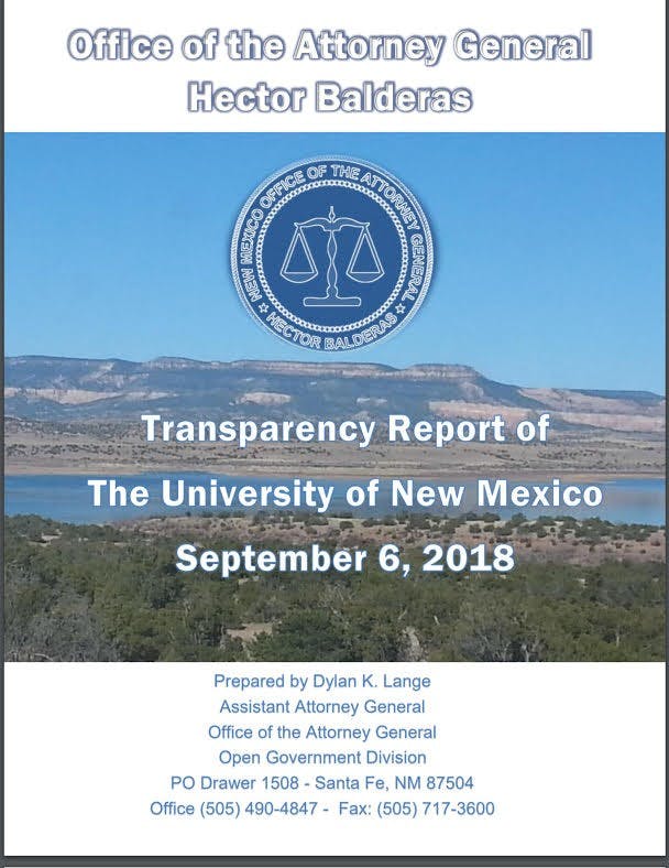 Front cover "Transparency Report of The University of New Mexico," released by the Office of the Attorney General.