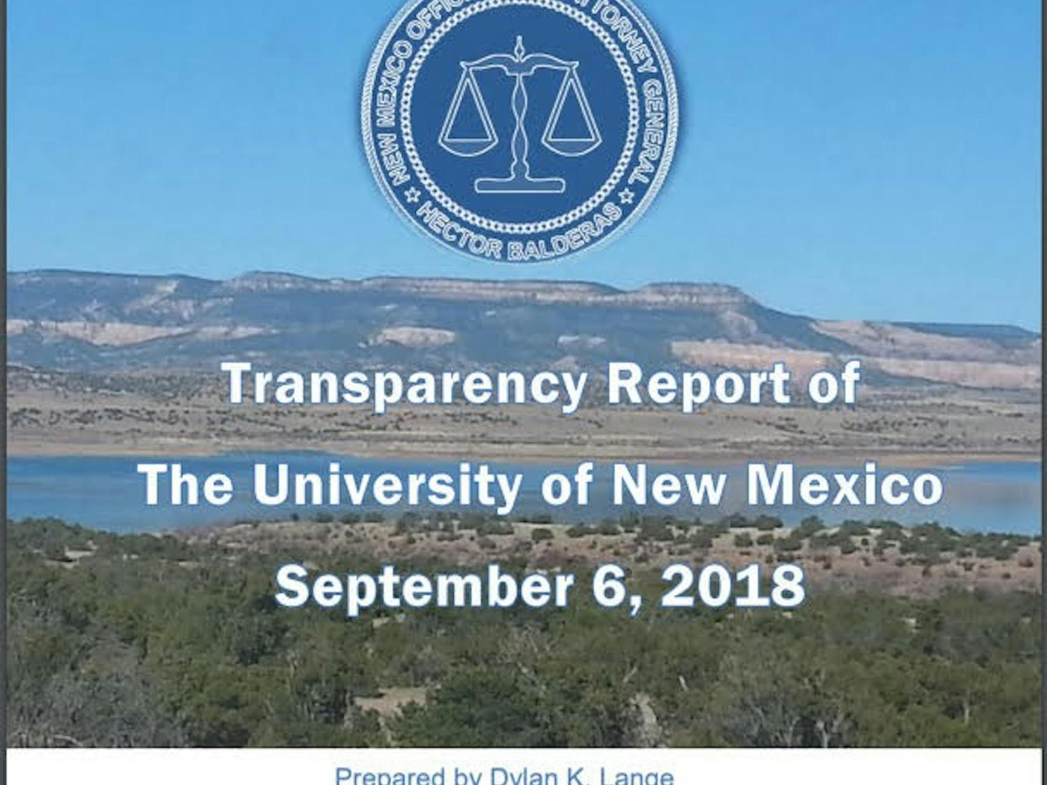 Front cover "Transparency Report of The University of New Mexico," released by the Office of the Attorney General.
