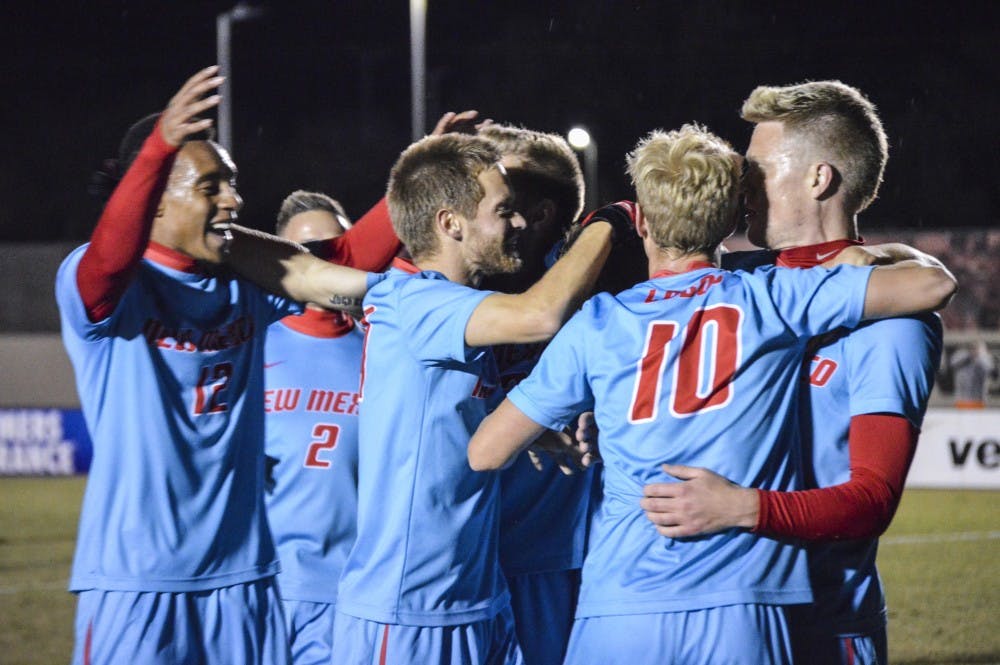 The Lobo men's soccer team celebrates a goal by Luke Lawrence during their match against Old Dominion on Friday, Nov. 4, 2016 at the UNM Soccer Complex. The Lobos defeated Florida International University Sunday afternoon to grab the C-USA Championship, and a ticket to the NCAA Tournament.