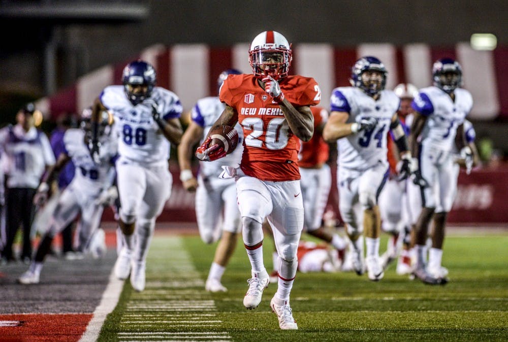 UNM Senior Daryl Chestnut sprints down the Abilene Christian University sideline during a 54-yard touchdown run at Dreamstyle Stadium Saturday, Sept. 2, 2017. The Lobos defeated ACU 38-14 to begin their 2017 season.