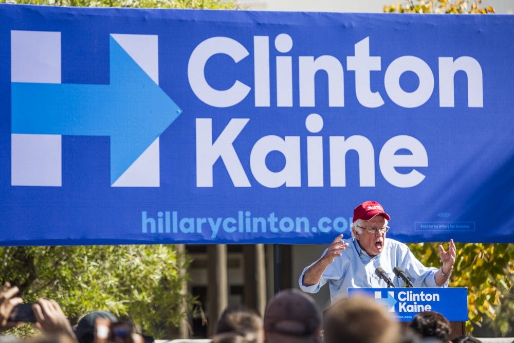 Sanders speaks to Clinton supporters - as well as some opponents - in front of Mesa Vista Hall at UNM on Tuesday, Oct. 18, 2016. The Vermont senator&nbsp;has been traveling the country campaigning for his former opponent in recent weeks.&nbsp;
