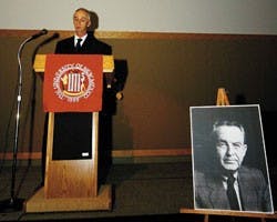 Richard Heady, son of former UNM President Ferrel Heady who died Aug. 17, speaks about his father during a memorial held at the SUB on Saturday.