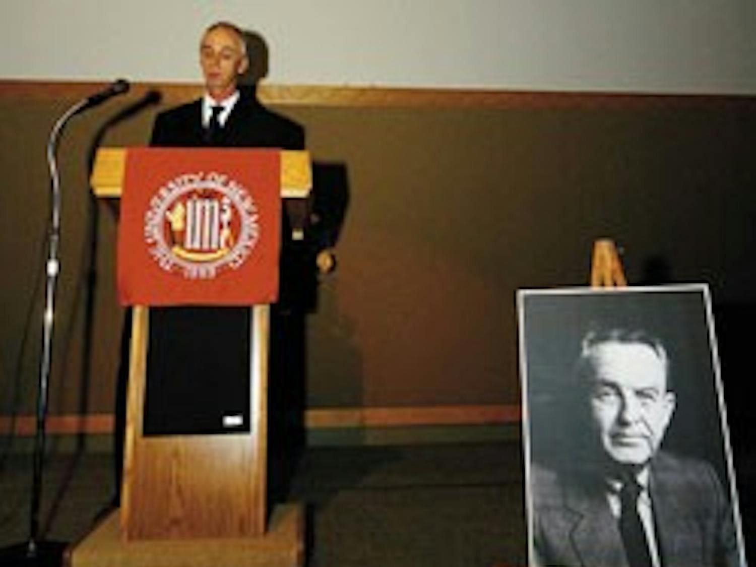 Richard Heady, son of former UNM President Ferrel Heady who died Aug. 17, speaks about his father during a memorial held at the SUB on Saturday.