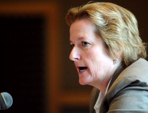 Faculty Senate President Jacqueline Hood speaks about privacy rights during a regents meeting in the SUB on May 28. Faculty and staff are concerned that stalkers and identity thieves will gain access to their private information if the regents pass propos