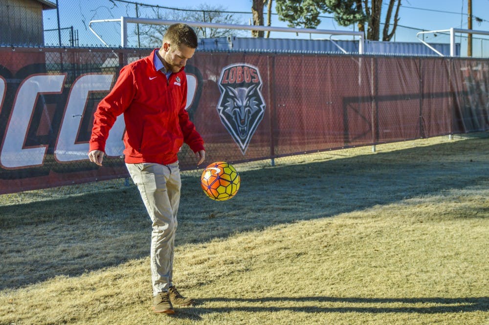 Chris Wehan juggles a soccer ball at the UNM soccer practice field on Monday, Dec. 5, 2016. Wehan played on the UNM men’s soccer team, netting 31 goals in four years.