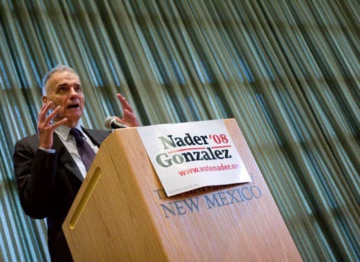 Presidential candidate Ralph Nader speaks during a rally Tuesday in the SUB. Nader encouraged students to vote for small-party candidates and spoke about student and environmental issues.