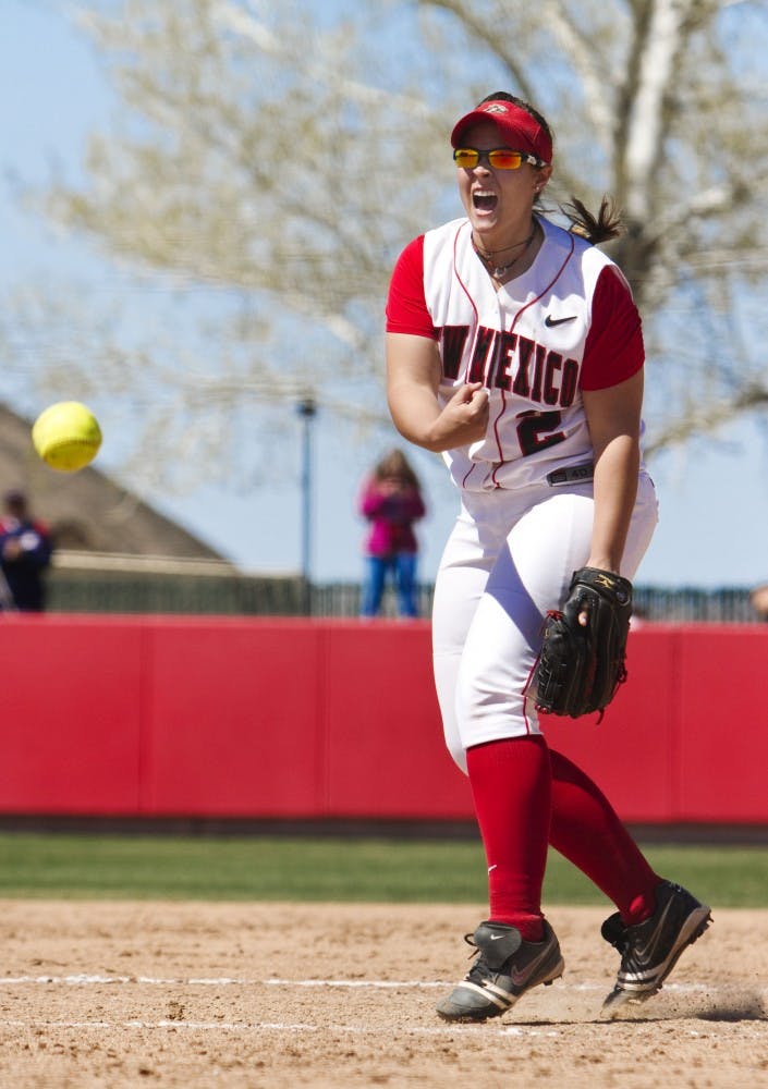 	Kaela DeBroeck unfurls a fastball Sunday at the UNM Softball Complex. The Lobos were swept by No. 2 Arizona, losing 14-0 in a shortened contest.