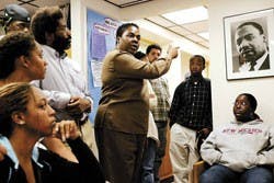 Kim Stevenson talks at the forum addressing Sigma Chi's return to campus titled "Speak Up or Shut Up," which was held in African-American Student Services on Monday. 