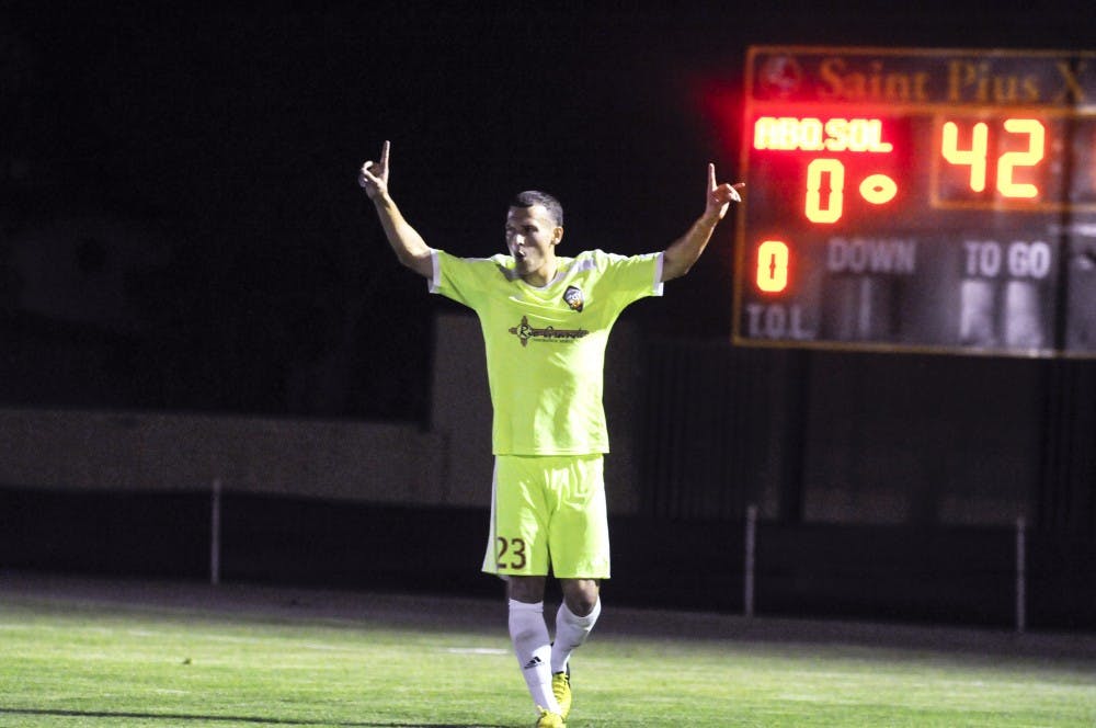 	Current Albuquerque Sol defender and former Lobo James Urbany celebrates after a goal against BYU at St. Pius X on Saturday. The Sol ended their first season with the Premier Development League by defeating the Cougars 2-1.