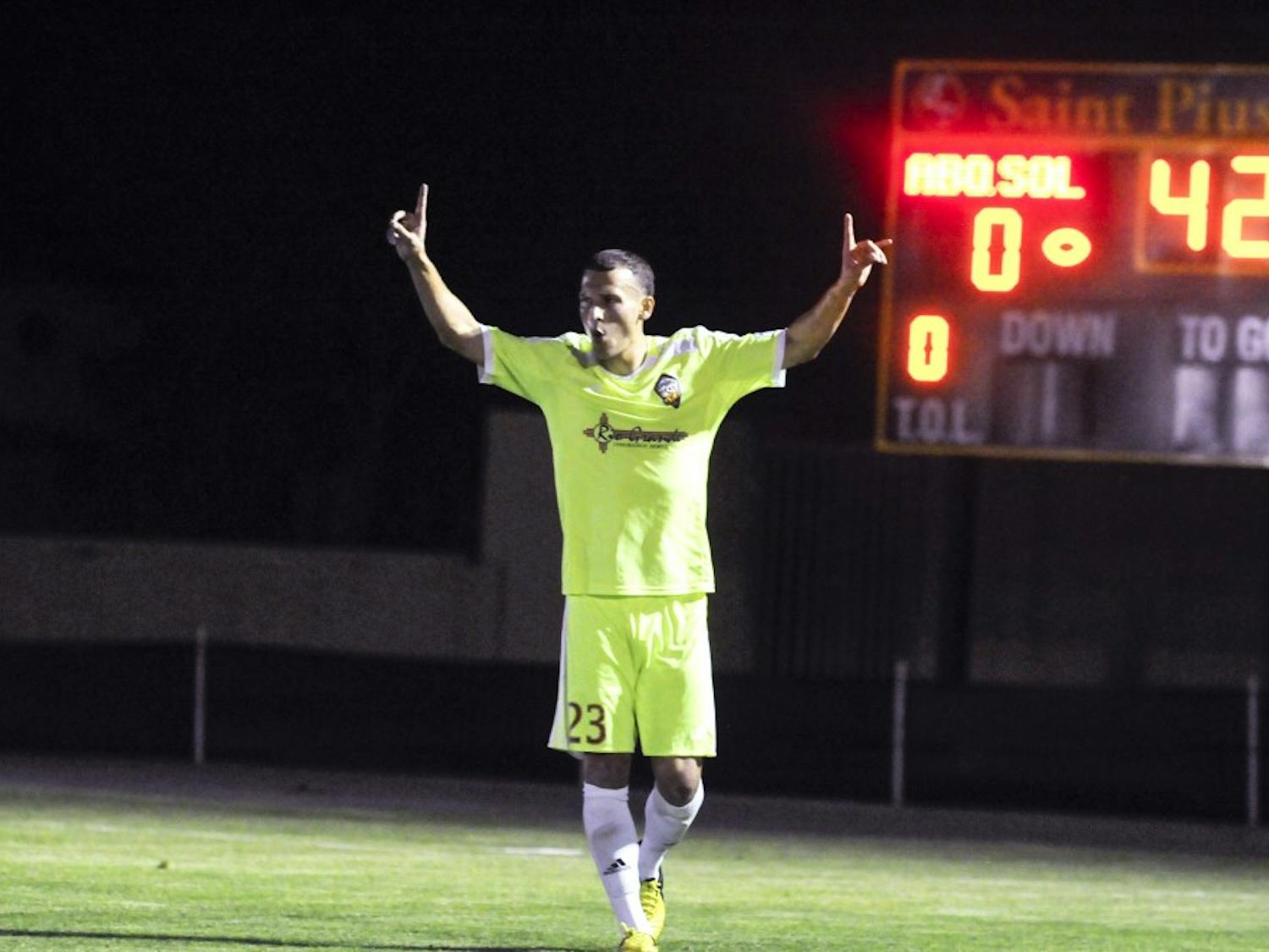 	Current Albuquerque Sol defender and former Lobo James Urbany celebrates after a goal against BYU at St. Pius X on Saturday. The Sol ended their first season with the Premier Development League by defeating the Cougars 2-1.