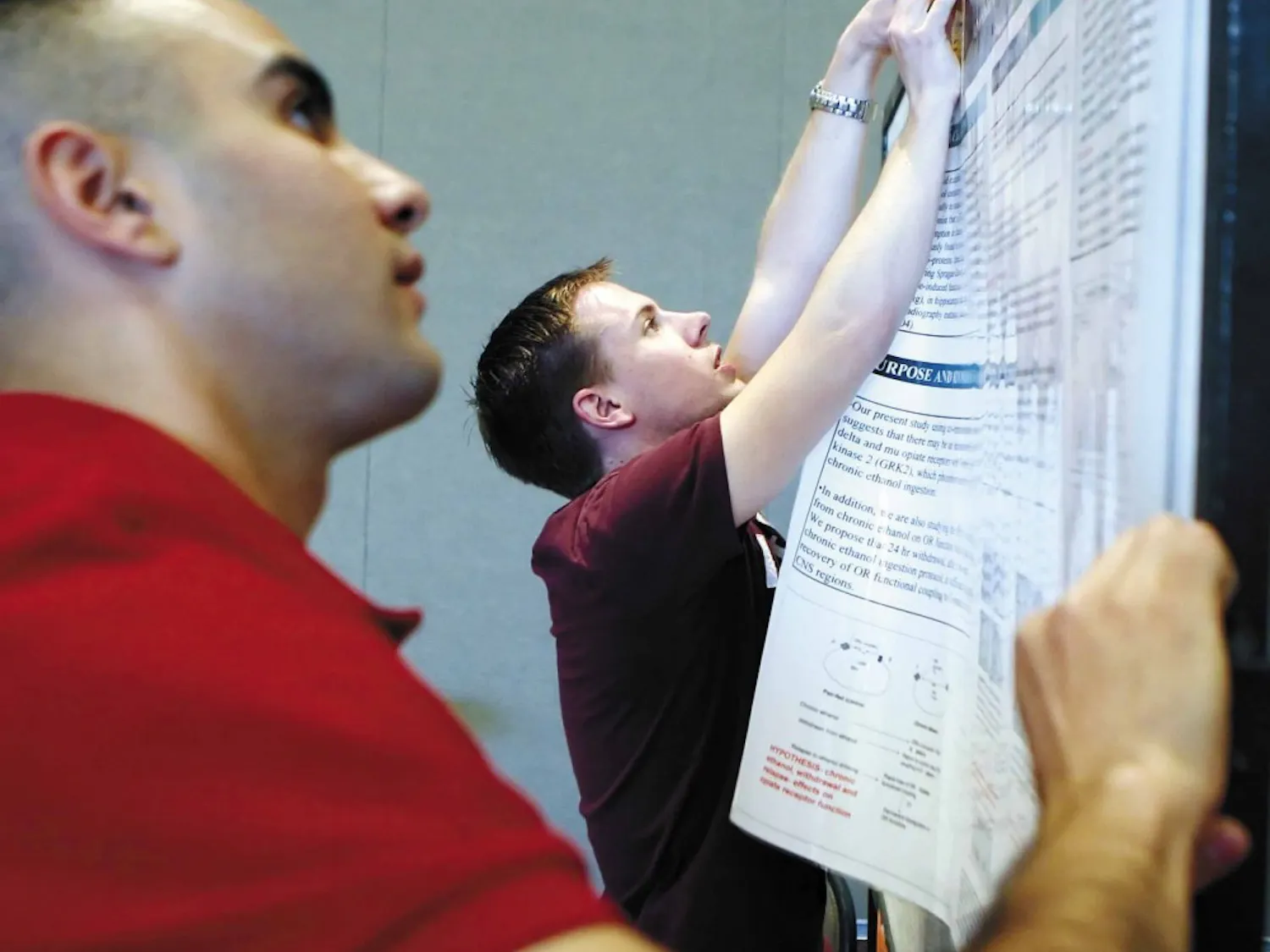 Students David Lee, right, and Rafael Garcia set up during the Undergraduate Research and Creativity Conference in the SUB on Monday.