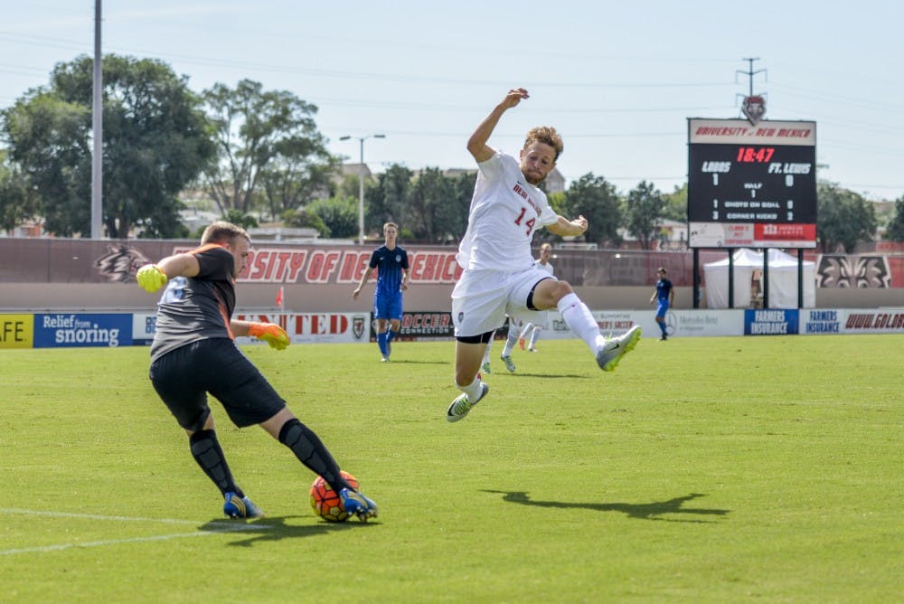 Former Lobo Chris Wehan, 14, flies through the air to attempt blocking the ball while playing against Fort Lewis in his 2016 season. Wehan signed a professional contract with Reno 1869 FC this past weekend, becoming the third Lobo from the 2016 soccer season that signed a professional contract.&nbsp;
