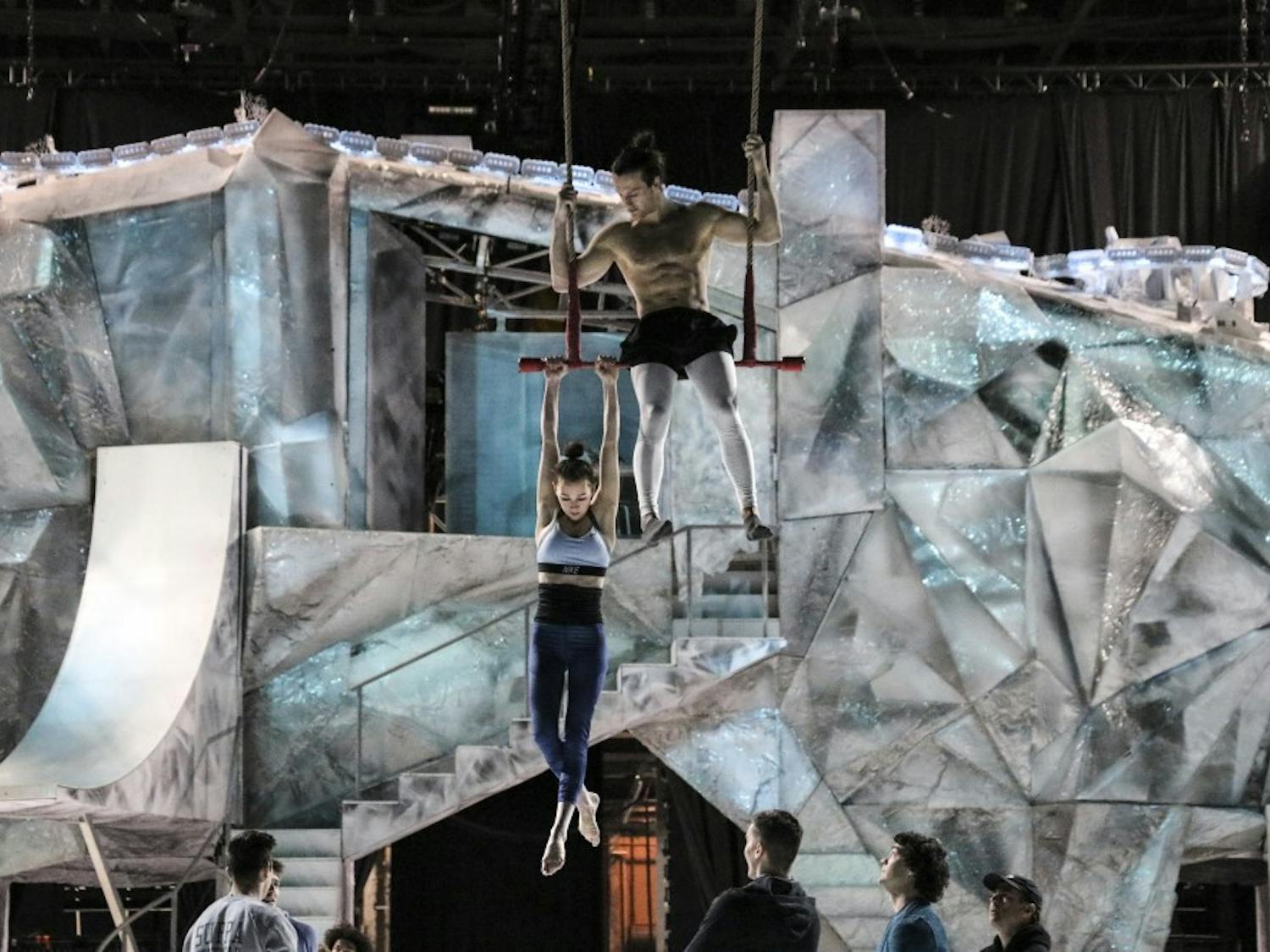 Performers for ?Cirque du Soleil: Crystal? practice aerial stunts before their premier show on Feb. 7, 2018.