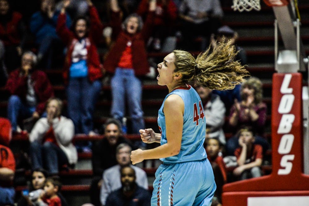 Sophomore center Jaisa Nunn celebrates after scoring against New Mexico State University Tuesday, Nov. 15, 2015 at WisePies Arena. The Lobos defeated The Aggies 84-55.