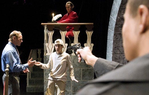 From left: Andrew Pollock as Heinrich, Amy Baklini as the delivery boy, Michael Saxton as John Calvin and Brandon Weaver as Tommy in the play "Life During Wartime."