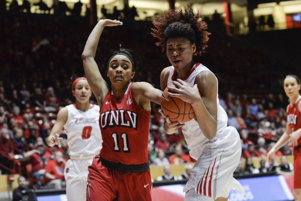Senior forward Khadijah Shumpert guards the ball from UNLV's Dylan Gonzalez Jan. 13, 2016 at WisePies Arena. The Lobos play San Jose State this Saturday at 2 p.m..