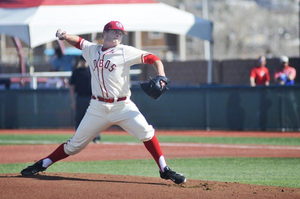 Tyler Stevens pitches to Wichita State at Santa Ana Star Field on Saturday, Feb. 27, 2016. No. 24 New Mexico will face Dallas Baptist in a three-game set this weekend.&nbsp;