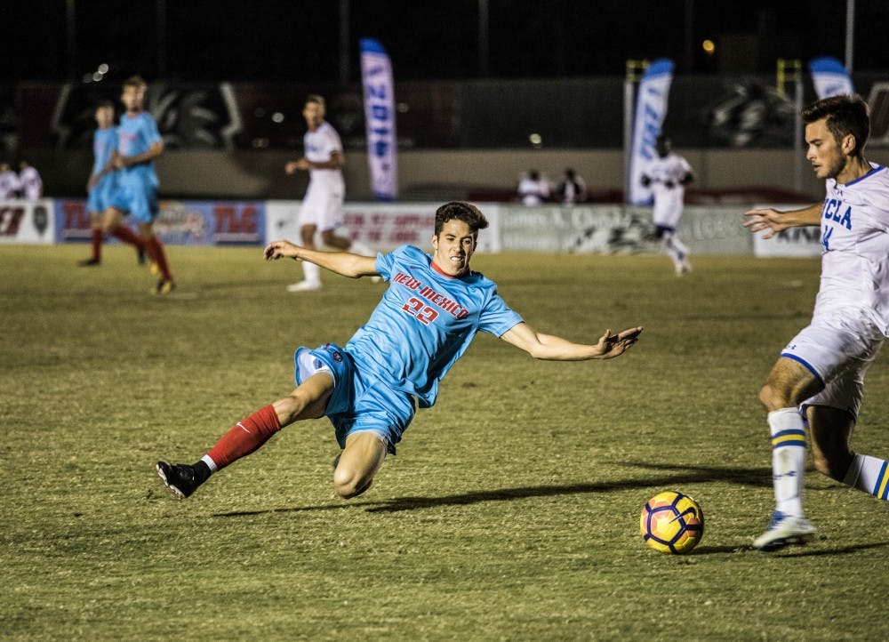 UNM defender Aaron Herrera defends the ball from a UCLA player on Oct. 18, 2017. Herrera scored the only goal for the Lobos. The game ended in a 1-1 tie. 