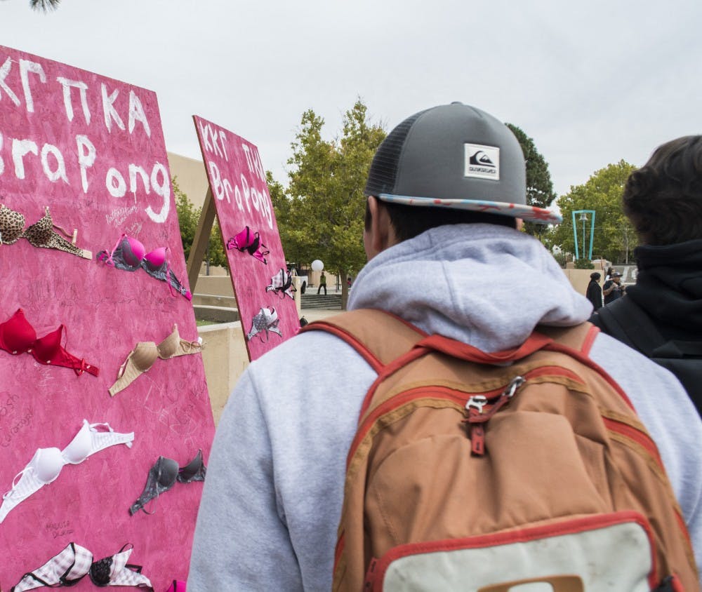 Members of Pi Kappa Alpha and Kappa Kappa Gamma held an event called Bra Pong to benefit breast cancer research on Wednesday afternoon.&nbsp;All proceeds went to the Susan G. Komen foundation.&nbsp;