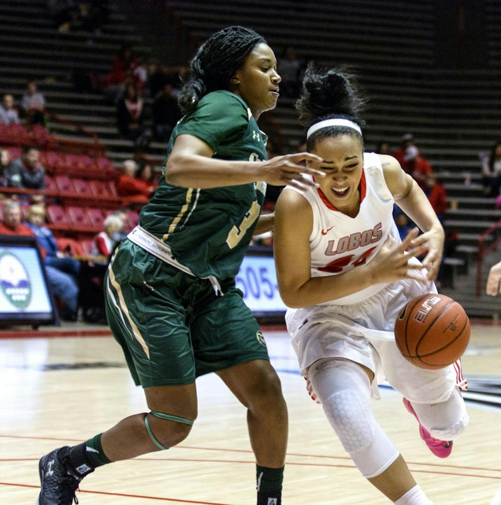 Sophomore guard Jayda Bovero drives past a Colorado State player Wednesday Feb. 24, 2016 at WisePies Arena. The Lobos played SDSU Tuesday night in San Diego and beat them 64-45