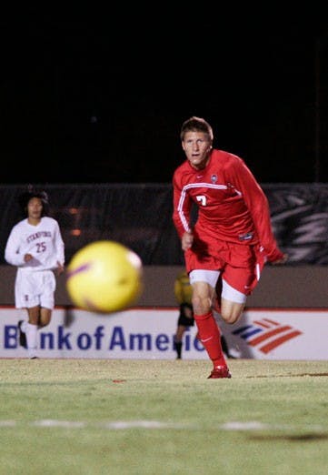 Justin Davis speeds toward the ball during Friday's game against Stanford at the UNM Soccer Complex. The Lobos topped the Cardinals 2-1. Davis scored the game-winning goal in the 82nd minute.