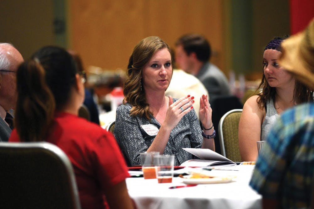 Jenna Hagengruber, USUNM President, discusses various aspects of the lottery scholarship program on Friday, October 2nd.  An open forum was held from 1-2:30 pm in order to give individuals an opportunity to discuss and understand recent changes in the program and their implications.