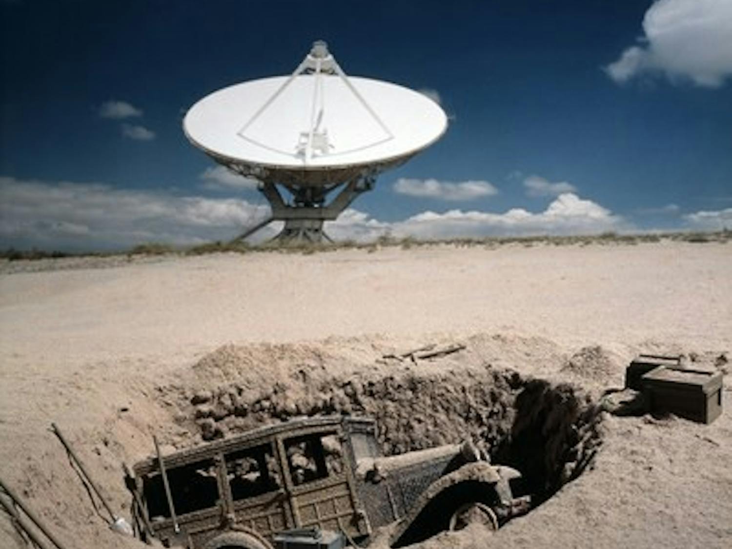 Patrick Nagatani, "Model A Woody, National Radio Astronomy Observatory (VLA), Plains of St. Agustin, New Mexico, U.S.A.," photo courtesy of Albuquerque Museum.
