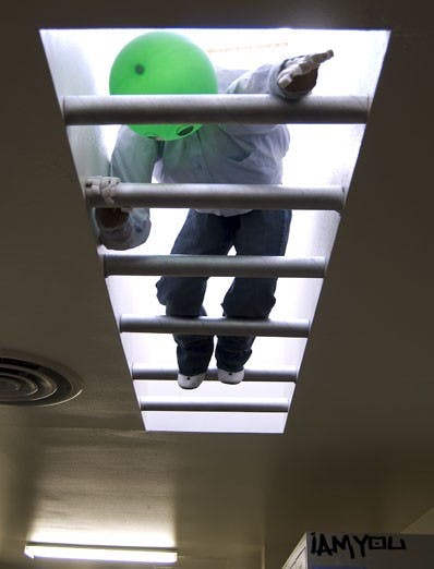 A 3-D model hangs from a skylight in the Art Building on Tuesday. The untitled piece was made for a project in Ligia Bouton's design class.