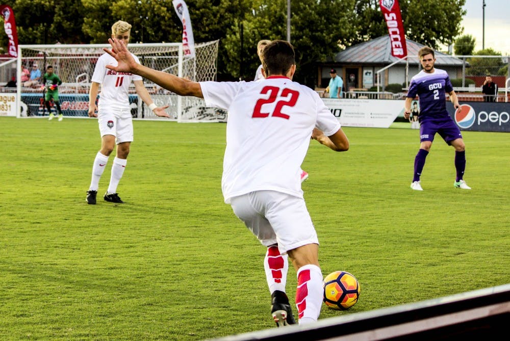 UNM defensive player, Aaron Herrera guards the ball from a Grand Canyon University player on Aug. 20, 2017 at the UNM Soccer Complex. Herrera as of August 21, has been listed on Preseason?s Top Drawer Soccer Best XI.