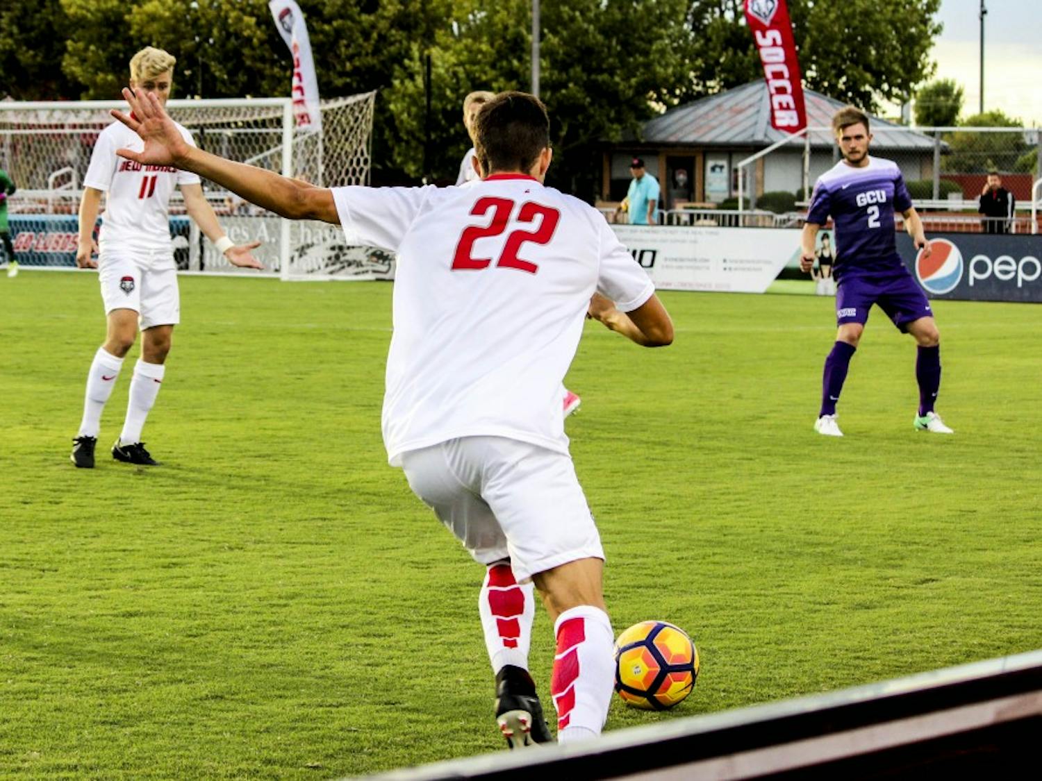 UNM defensive player, Aaron Herrera guards the ball from a Grand Canyon University player on Aug. 20, 2017 at the UNM Soccer Complex. Herrera as of August 21, has been listed on Preseason?s Top Drawer Soccer Best XI.