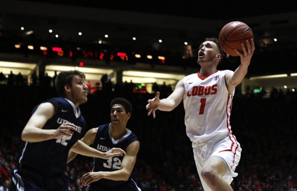 Redshirt sophomore guard Cullen Neal reaches out for a layup at WisePies Arena Saturday Jan. 9, 2016. The Lobos will play UNLV this Tuesday in Las Vegas, Nevada. 