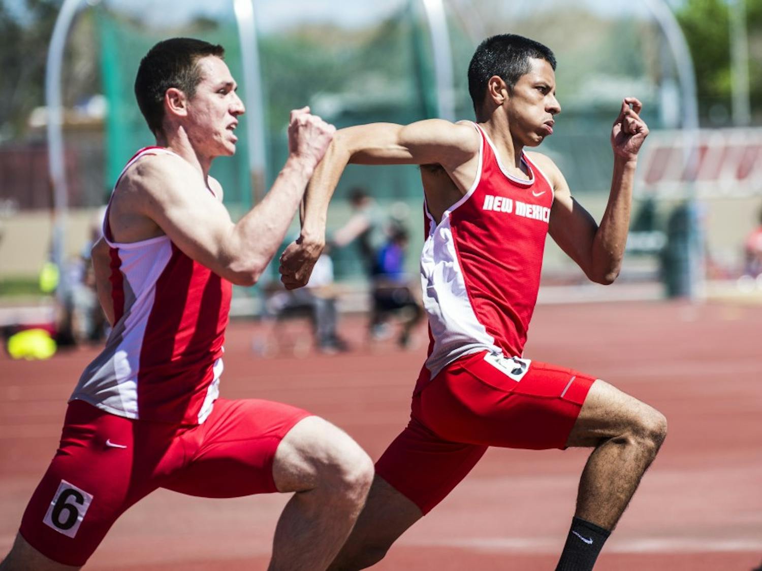 Senior sprinter Chris Kline (left) and freshman sprinter Carlos Salcido run during the Don Kirby Tailwind Invitational Saturday April 2, 2016 at the UNM Track Stadium. The Lobos competed in the Sun Angel Classic this past weekend. 