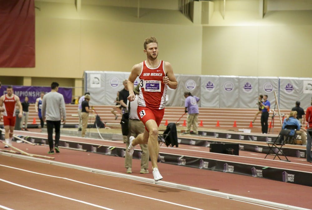 Freshman Josh Kerr competes in the men’s mile run during the Mountain West Indoor Track Championships on Saturday, Feb. 25, 2017 at the Albuquerque Convention Center. Kerr won MW athlete of the year for 2016-2017.&nbsp;