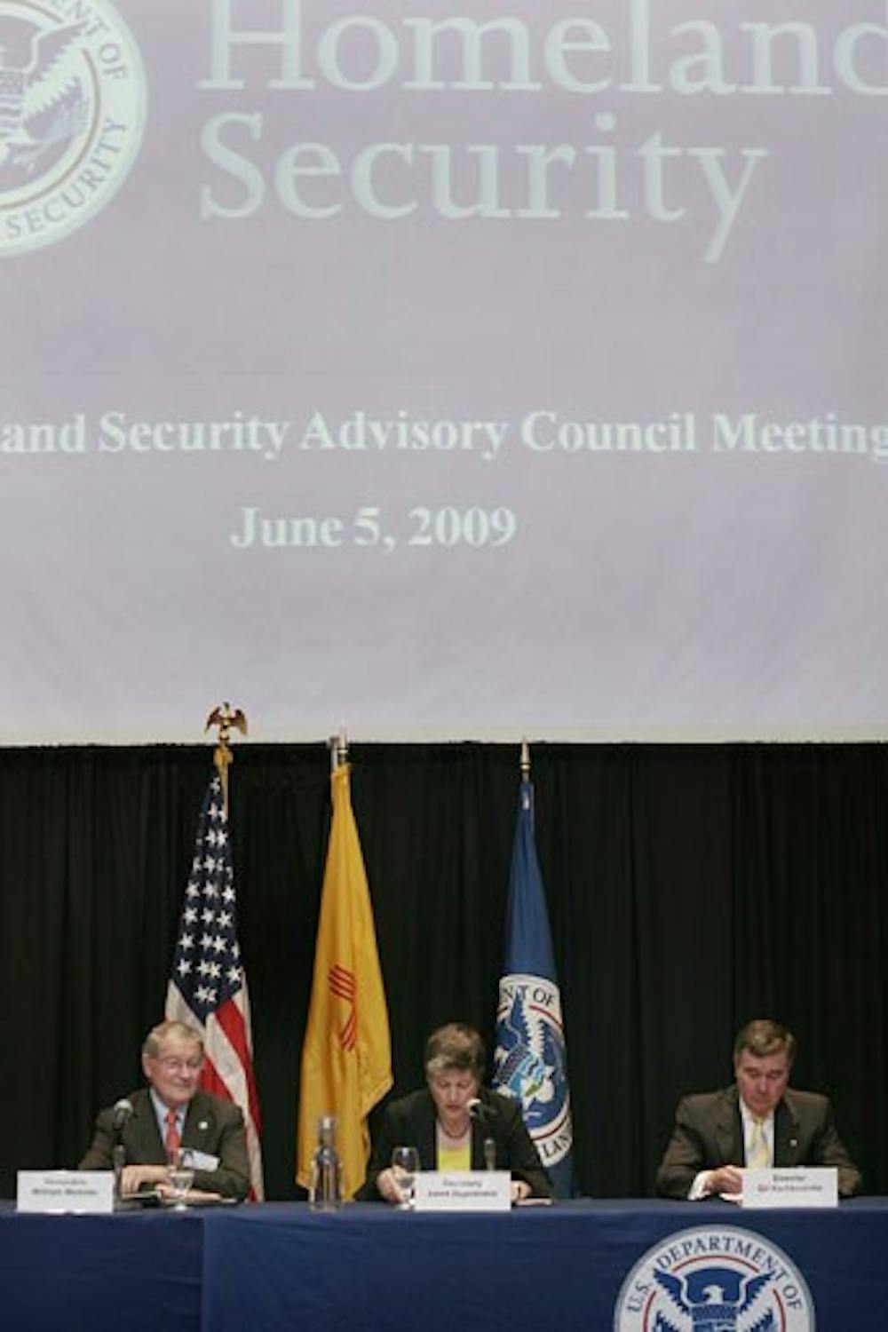 The Honorable William Webster, left, Homeland Security Secretary Janet Napolitano and Drug Czar Gil Kerlikowske discuss southwest border drug policy in the SUB on Friday. 