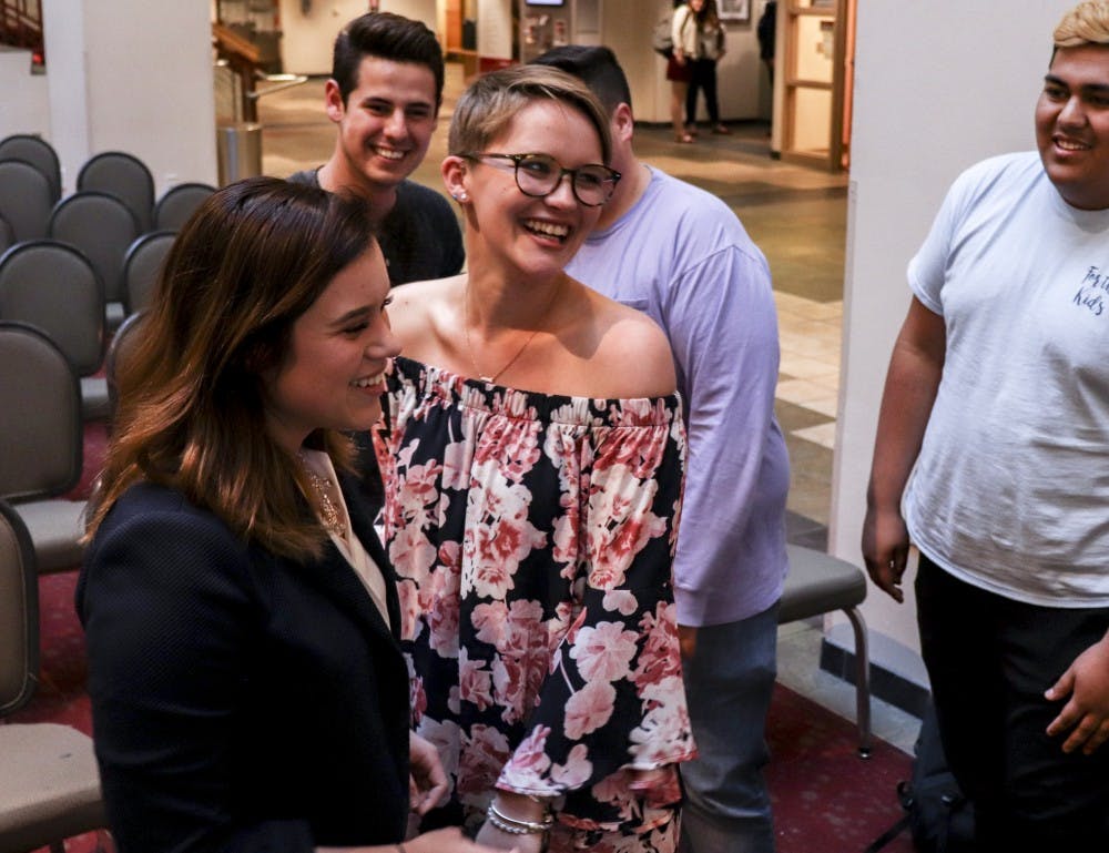 Becka Myers, left, and Emily Wilks celebrate being elected as the ASUNM president and vice president, respectively, on the evening of March 28, 2018. The two ran unopposed.