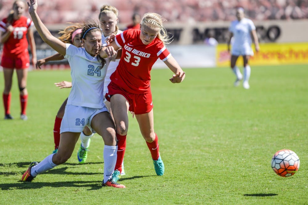 Freshman midfielder Jessie Hix battles with a Air Force player for the ball Sunday Sept. 25, 2016 at the UNM Soccer Complex. The Lobos play Nevada this Friday in Reno, Nevada.&nbsp;