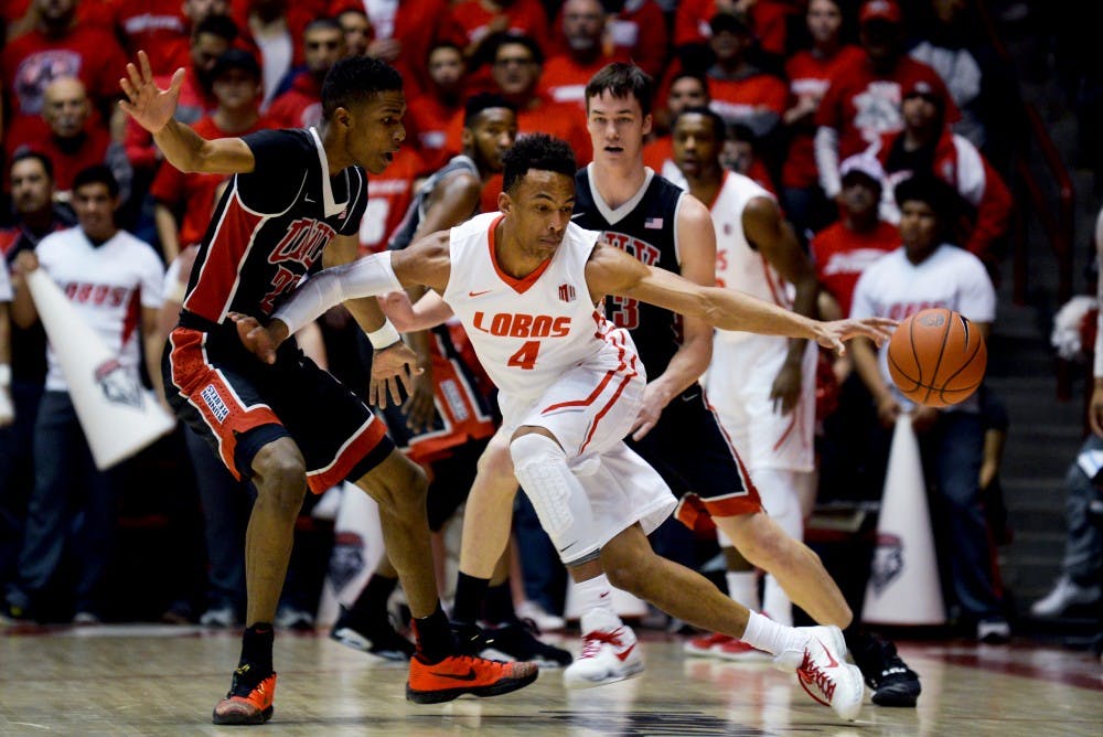 Redshirt sophomore guard Elijah Brown lets the ball slip past his hand while playing UNLV Tuesday, Feb. 2, 2016 at WisePies Arena. The Lobos will play San Jose State this Saturday at 4 p.m..