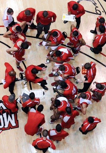Head coach Steve Alford talks to his team during a timeout in UNM's exhibition game against Western New Mexico on Saturday at The Pit. The Lobos will need to tune up a few problems before taking the court against Southeast Missouri State on Friday. 