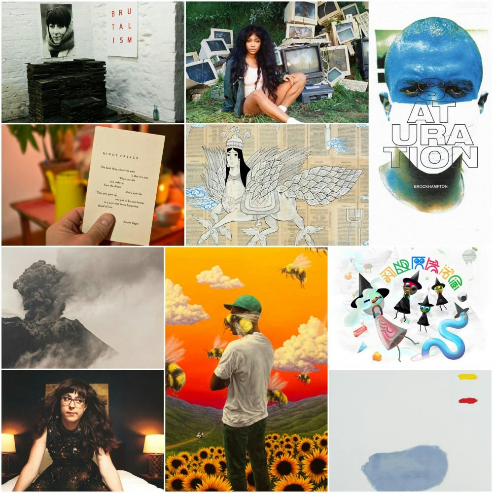 Pictured are album covers from A Crow Looked at Me by Mount Eerie, CTRL by SZA, Neo Wax Bloom by Iglooghost, Sacred Horror in Design by Sote, Flower Boy by Tyler, the Creator, Brutalism by Idles, If Blue Could be Happiness by Florist, Piety of Ashes by The Flashbulb, Saturation by Brockhampton, and Where Are We Going? by Octo Octa.