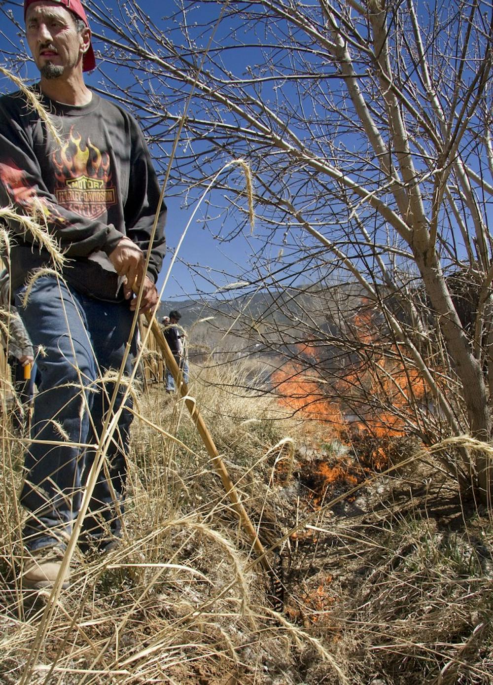 	Gustavo Lucero drags a rake with burning brush through the acequia to help clear it out before they run the water. Santistevan said the acequia runs for one week to recharge the groundwater supply before they
distribute it to acequia members.